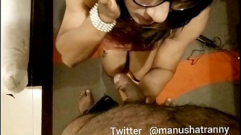 India's best shemale escort Manusha sucking and rubbing cock on her sexy small boobs