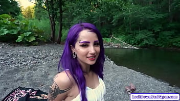Small tits purple haired girl and bf are spending time outdoors and get naughty.The tattooed babe gives him a bj and rides his dick as she masturbates