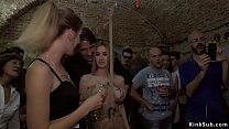Mona Wales and Steve Holmes giving corporal punishment to two Spanish Juliette March and Valeria Blue and making them group fucking in public bar